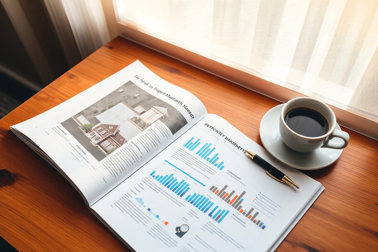 Aufgeschlagenes Magazin mit Immobilien-Marktdaten auf Eichentisch