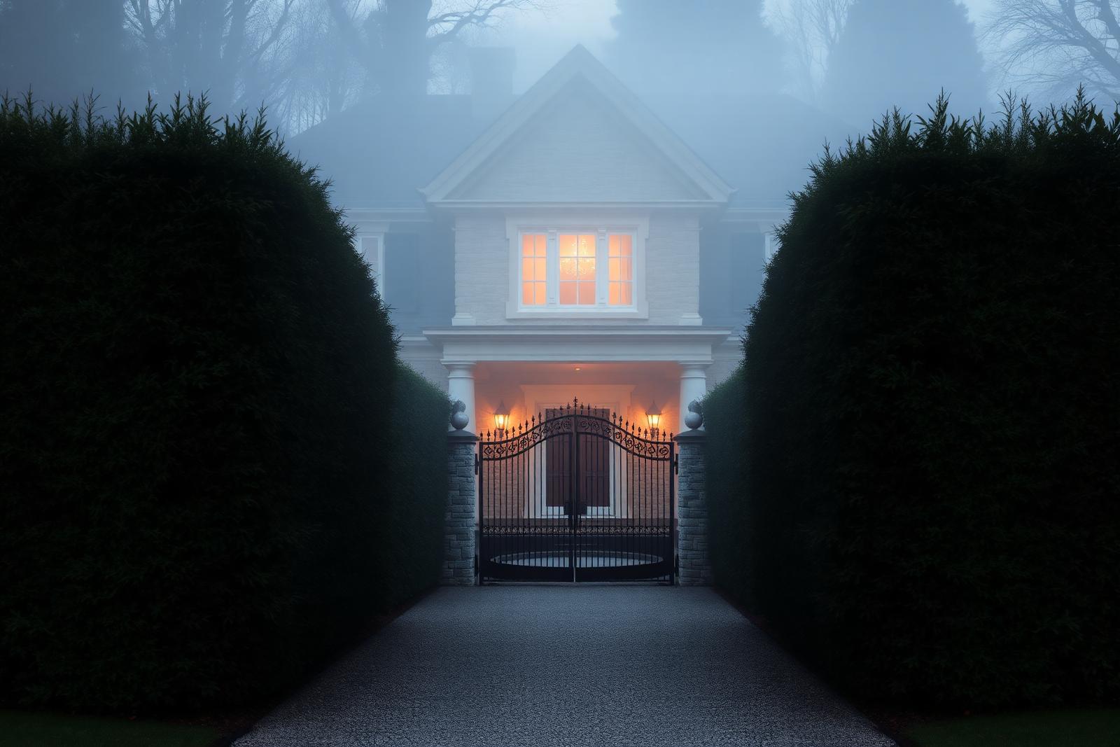 Diskrete Villa mit Hecke und Tor im Morgennebel