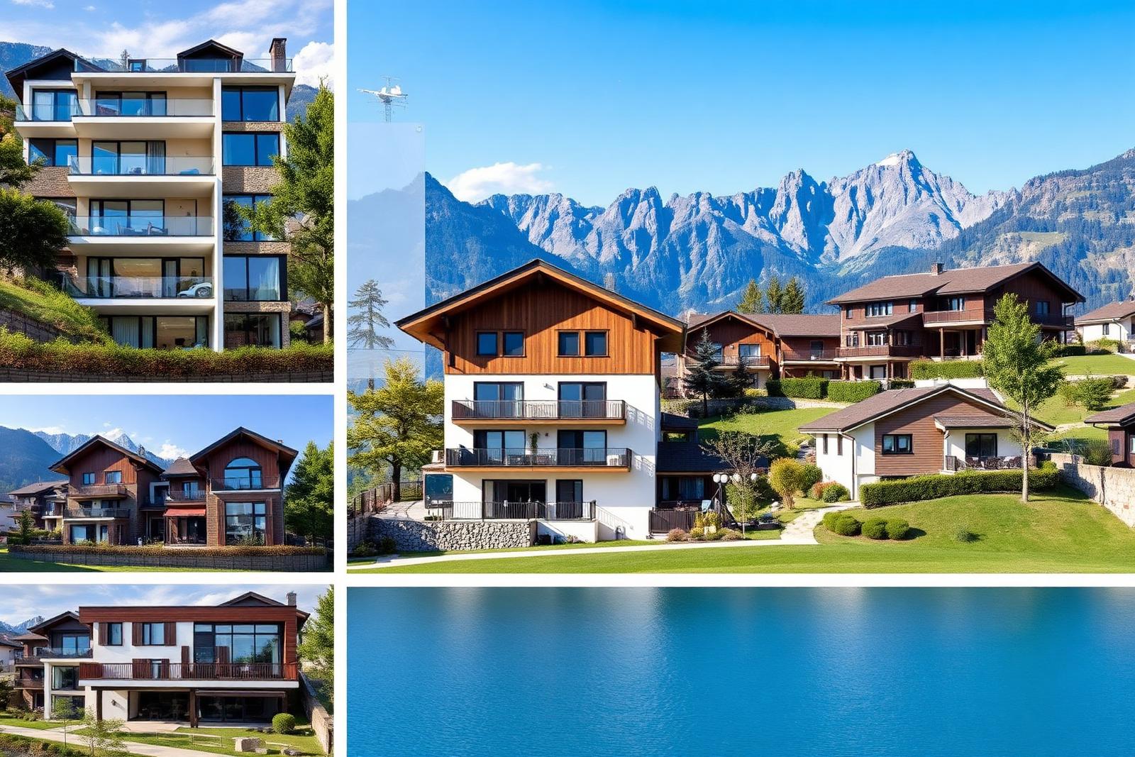 Collage moderner Schweizer Wohnobjekte mit Bergblick