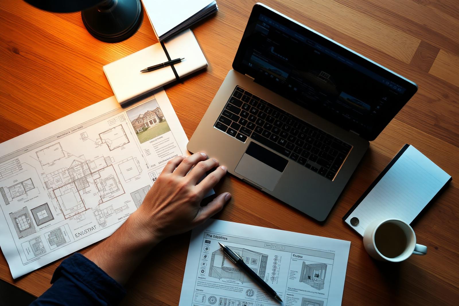 Architekturpläne, Laptop und Notizbuch bei der Wohnungssuche